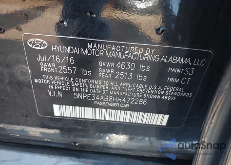 2017 Hyundai Sonata Sport 2.0T from USA, damaged, VIN 5NPE34AB8HH472286